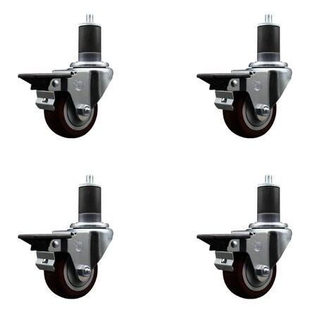 Service Caster 3'' Maroon Poly Swivel 1-5/8'' Expanding Stem Caster Set with Brake, 4PK SCC-EX20S314-PPUB-MRN-PLB-158-4